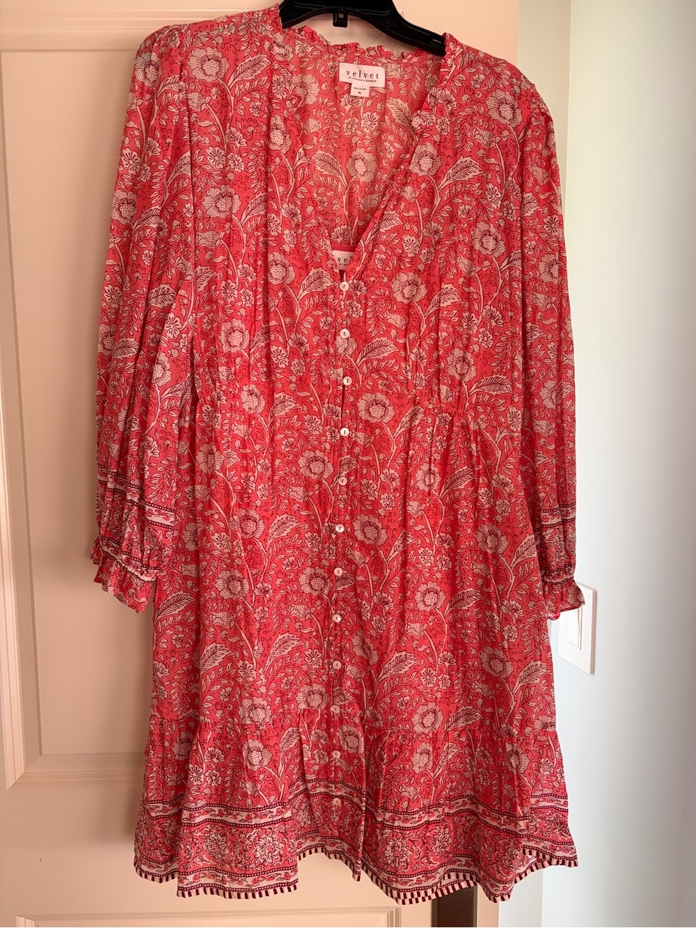Velvet Coral Floral Button-Front Long Sleeve Dress
